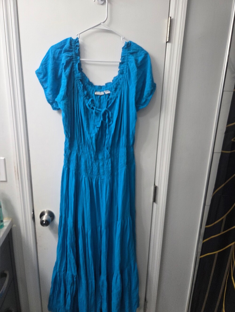 Newport News Turquoise Blue Smocked Maxi Dress with Tie Neck